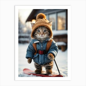 Cute Kitten On Skis Art Print