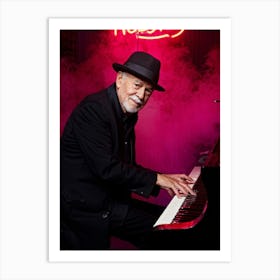 Elderly Male Pianist Wearing A Fedora Hands Poised Over Piano Keys Neon Burgundy And Beige Illumin 1 Affiche