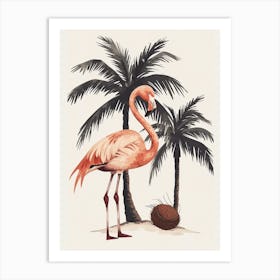 American Flamingo And Coconut Trees Minimalist Illustration 1 Art Print