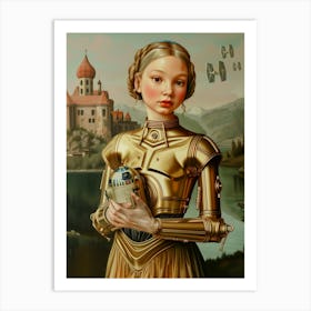 Lady C-3Po with R2d2 toy, pop oil painting, print art Art Print