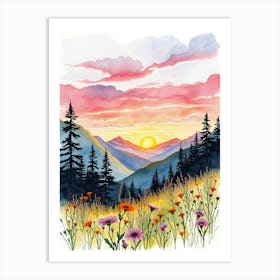 Watercolor Of Mountains And Flowers Art Print