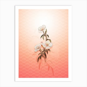 Wine Stained Godetia Flower Vintage Botanical in Peach Fuzz Hishi Diamond Pattern n.0007 Art Print