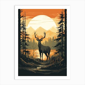 Deer In The Forest At Sunset 2 Art Print