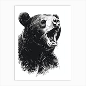 Malayan Sun Bear Growling Ink Illustration 3 Art Print