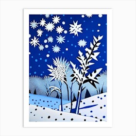 Snowflakes On A Field, Snowflakes, Blue & White Illustration Art Print