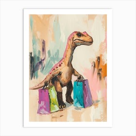 Dinosaur With Shopping Bags Pastel Brushstroke 1 Art Print
