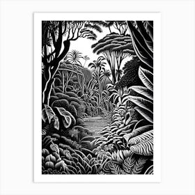 Jardín Botánico Nacional, Dominican Republic Linocut Black And White Vintage Art Print