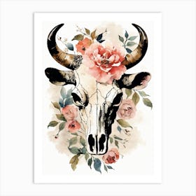 Vintage Boho Bull Skull Flowers Painting (27) Art Print