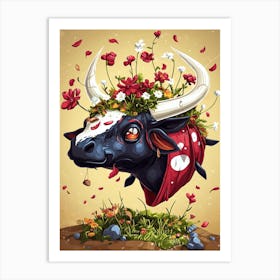 Bull With Flowers Art Print