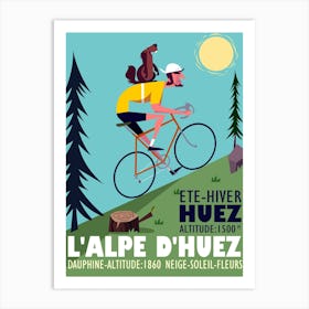 Alpe Dhuez Cyclist With Marmotte Poster Blue & Green Art Print