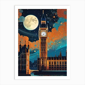 Big Ben London England ~ Full Moon Travel Adventure Visionary Wall Decor Futuristic Sci-Fi Trippy Surrealism Modern Digital Psychedelic Cubic Fantasy Art Full Moons Stars Mandala Spiritual Fractals Space Britain Vibrant Art Print