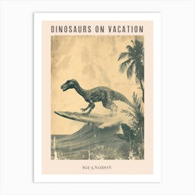 Vintage Iguanodon Dinosaur On A Surf Board 3 Poster Art Print