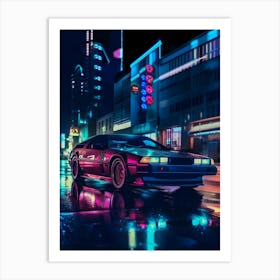 Sleek retrowave car with synthwave neon lights [synthwave/vaporwave/cyberpunk] — aesthetic poster, retrowave poster, vaporwave poster, neon poster Art Print