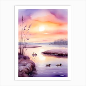 Watercolor Ducks At Sunset Art Print