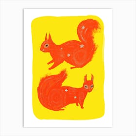 Red Squirrels And Forget Me Not Flowers Art Print