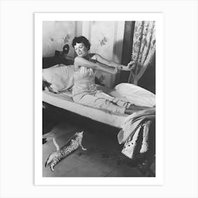 Woman And Cat Stretching, Vintage Black and White Old Photo Art Print