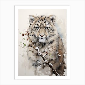 Snow Leopard, Japanese Brush Painting, Ukiyo E, Minimal 4 Art Print
