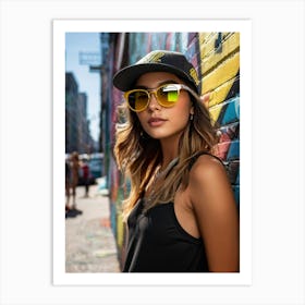 Stylish Girl Wearing A Cap Yellow Sunglasses Posed Casually Against A Graffiti Covered Wall Sunli Art Print