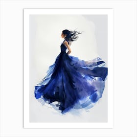 Watercolor Girl In Blue Dress Art Print
