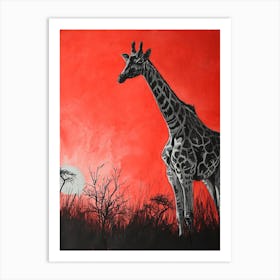 Red Silhouette Giraffe 2 Art Print