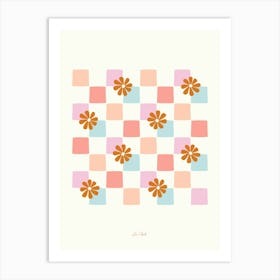 Peach and Blue Daisy Checkerboard Art Print