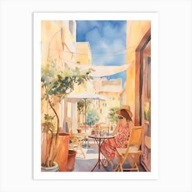 At A Cafe In Rhodes Greece Watercolour Art Print