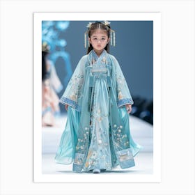 Children S Hanfu Catwalk, Front, Full Body Shot, A Cute Little Girl With Big Eyes Walks On The Catwalk, Wearing A Hanfu Made Of Silk, Ice Silk Material, Light Cyan Blue, Light Background, 1 Affiche