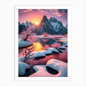 Snowy Mountains At Sunset Art Print