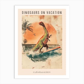 Vintage Camarasaurus Dinosaur On A Surf Board 2 Poster Art Print