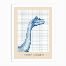 Diplodocus Dinosaur Blue Print Sketch 3 Poster Art Print