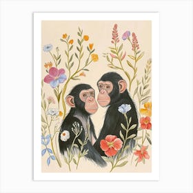Folksy Floral Animal Drawing Chimpanzee 3 Art Print