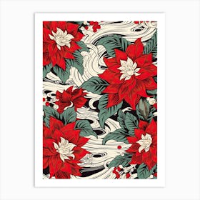 Great Wave With Poinsettia Flower Drawing In The Style Of Ukiyo E 4 Art Print