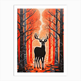 Deer, Woodblock Animal  Drawing 1 Art Print