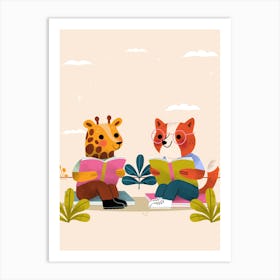 Giraffe And Fox Reading 1 Art Print