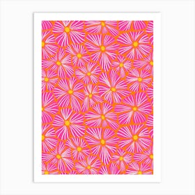 Flower Mosaic Textured Blooming Florals Scarlet, Hot Pink, Yellow Art Print