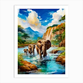 Elephants Crossing River Art Print