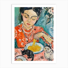 Portrait Of A Woman With Cats Eating Spaghetti 2 Art Print