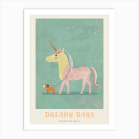 Pastel Storybook Style Unicorn Walking A Dog 2 Poster Art Print