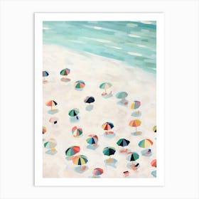 Umbrellas On The Beach. Gouache Sea Landscape. Vintage Travel Art Print