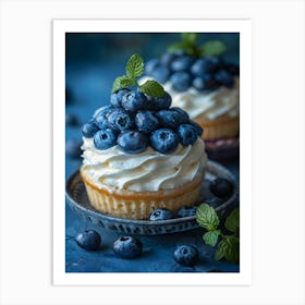 Blueberry Cupcakes On A Blue Background Art Print