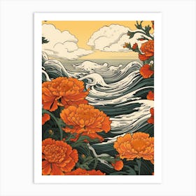 Great Wave With Marigold Flower Drawing In The Style Of Ukiyo E 3 Art Print