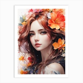 Beautiful Girl With Flowers Print Art Print