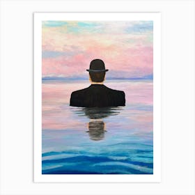 Surreal Man In Bowler Hat In Water Pink Sky Art Print