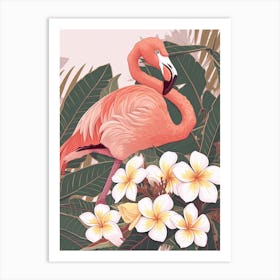 American Flamingo And Plumeria Minimalist Illustration 2 Art Print