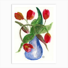 Five Red Tulips - watercolor minimal floral flowers red green blue Anton Maliar Art Print