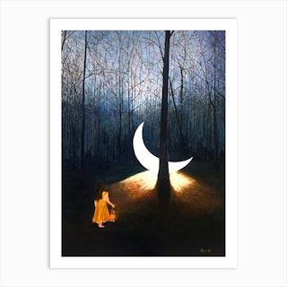 L'il Luna Girl In The Woods With Fallen Moon Art Print