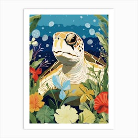 Modern Illustration Of Sea Turtle & Flowers 2 Art Print