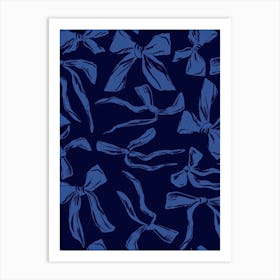 Blue Bows in a dark blue background Art Print