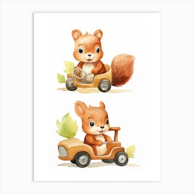 Baby Squirrel On A Toy Car, Watercolour Nursery 3 Art Print