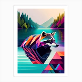 Raccoon Swimming In River Modern Geometric 3 Art Print